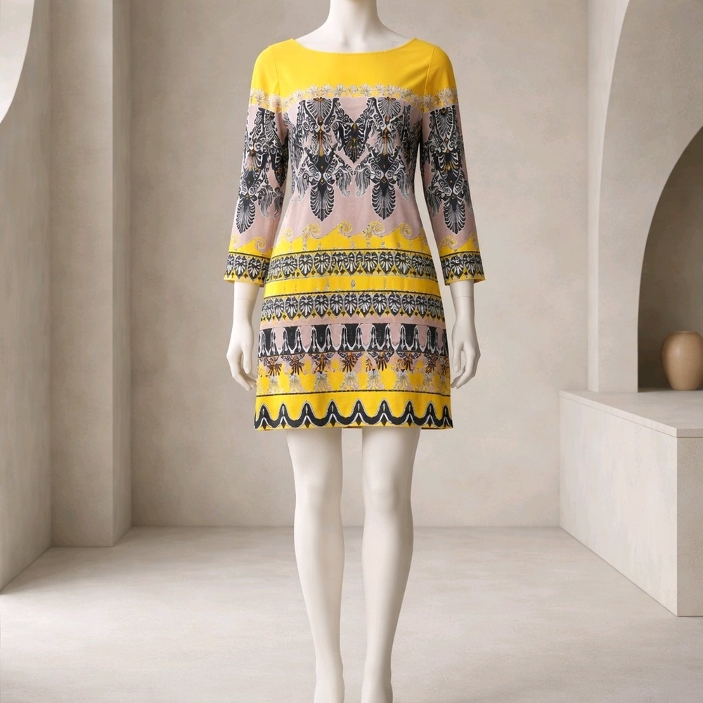 J. Crew Yellow and Pink Patterned Mini Shift Dress
